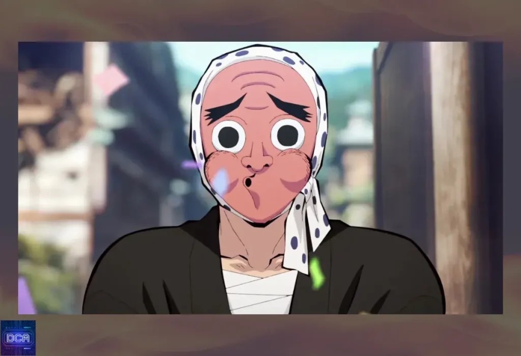 Close-up da Máscara de Haganezuka, uma máscara de Hyottoko usada como símbolo da tradição na Vila dos Ferreiros de Demon Slayer para apagar a identidade do indivíduo e focar no ofício.