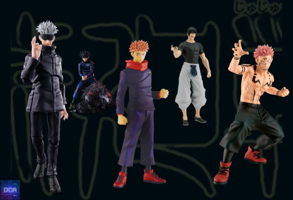 Montagem com as melhores estátuas de Jujutsu Kaisen da Banpresto e Sega, incluindo Satoru Gojo e Yuji Itadori, ilustrando o guia de colecionismo focado em custo-benefício.