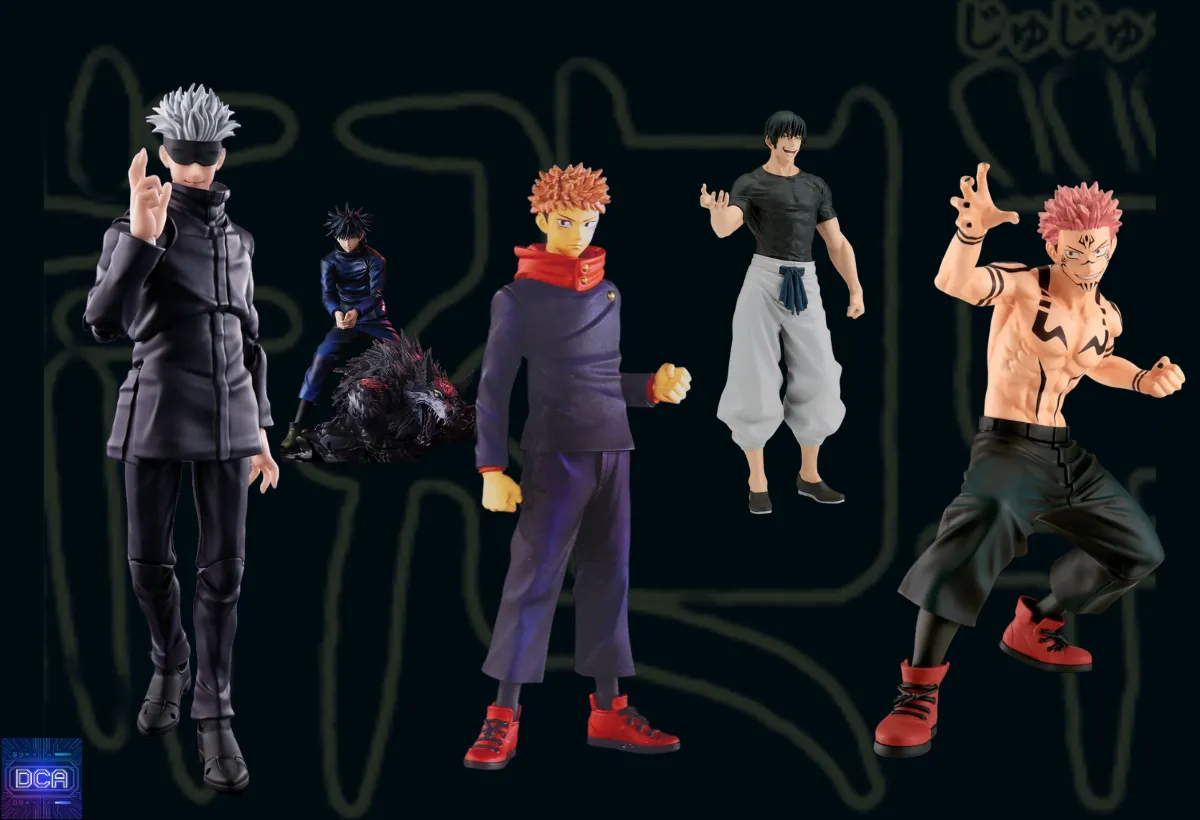 Montagem com as melhores estátuas de Jujutsu Kaisen da Banpresto e Sega, incluindo Satoru Gojo e Yuji Itadori, ilustrando o guia de colecionismo focado em custo-benefício.