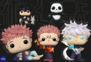 Montagem com os 5 bonecos Funko Pop Jujutsu Kaisen essenciais para uma coleção, incluindo Satoru Gojo e Sukuna, tema do nosso guia de colecionismo.