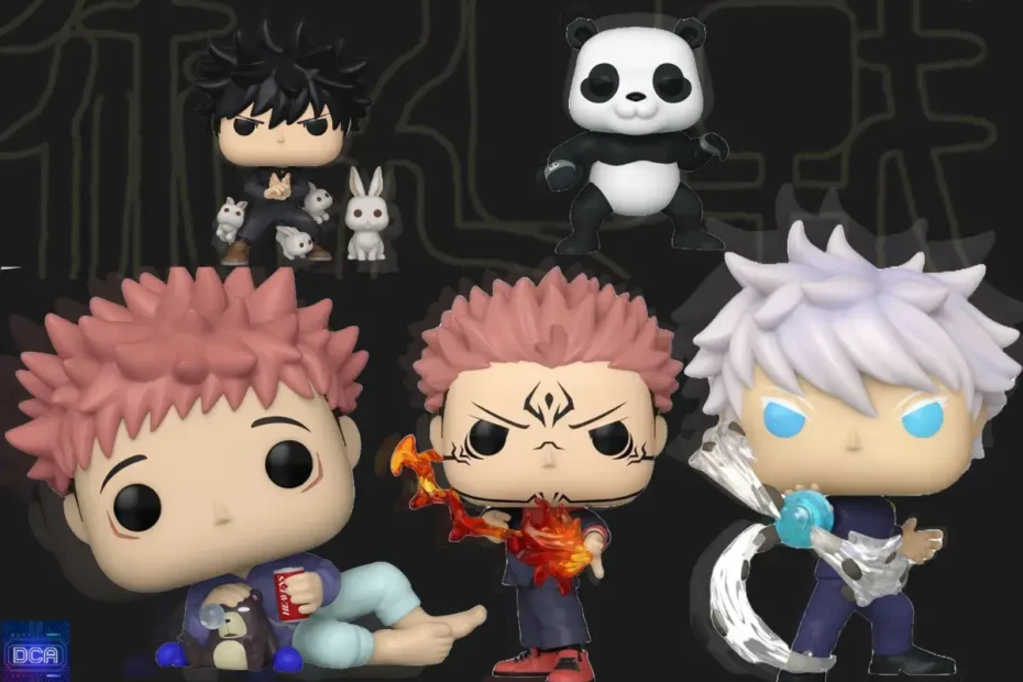 Montagem com os 5 bonecos Funko Pop Jujutsu Kaisen essenciais para uma coleção, incluindo Satoru Gojo e Sukuna, tema do nosso guia de colecionismo.