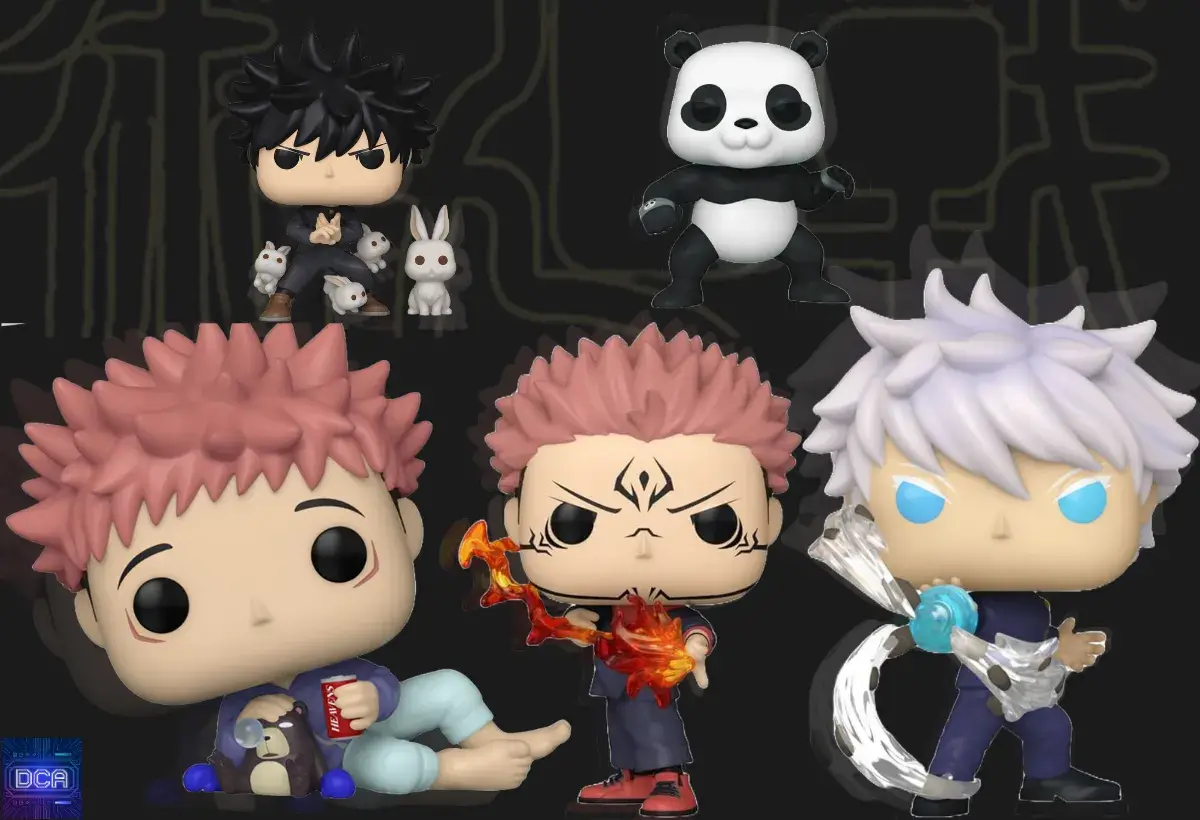 Montagem com os 5 bonecos Funko Pop Jujutsu Kaisen essenciais para uma coleção, incluindo Satoru Gojo e Sukuna, tema do nosso guia de colecionismo.