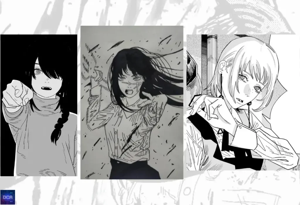 Montagem com Yoru/Asa, Nayuta (Controle) e Fami (Fome), ilustrando a missão de vingança de **Yoru Demônio da Guerra** contra Chainsaw Man e sua posição entre os Quatro Cavaleiros do Apocalipse.