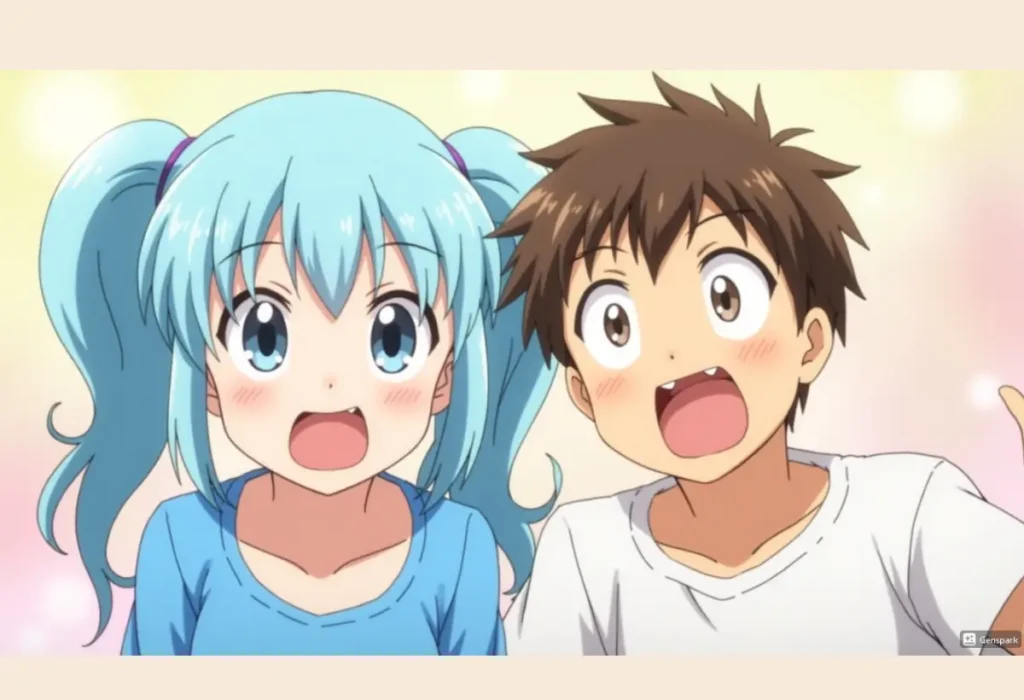 Ilustração de fãs de anime reagindo com surpresa, representando a descoberta sobre as diferentes estruturas de exibição dos cours de animes, como o 1-cour, 2-cour e o benéfico split-cour.