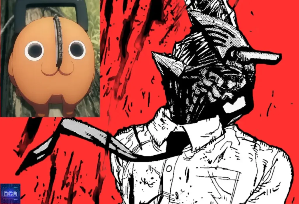 Montagem com Pochita (forma fofa) e o verdadeiro Chainsaw Man, ilustrando o **plano de Makima** de controlar Pochita para apagar os males do mundo e criar uma utopia forçada.