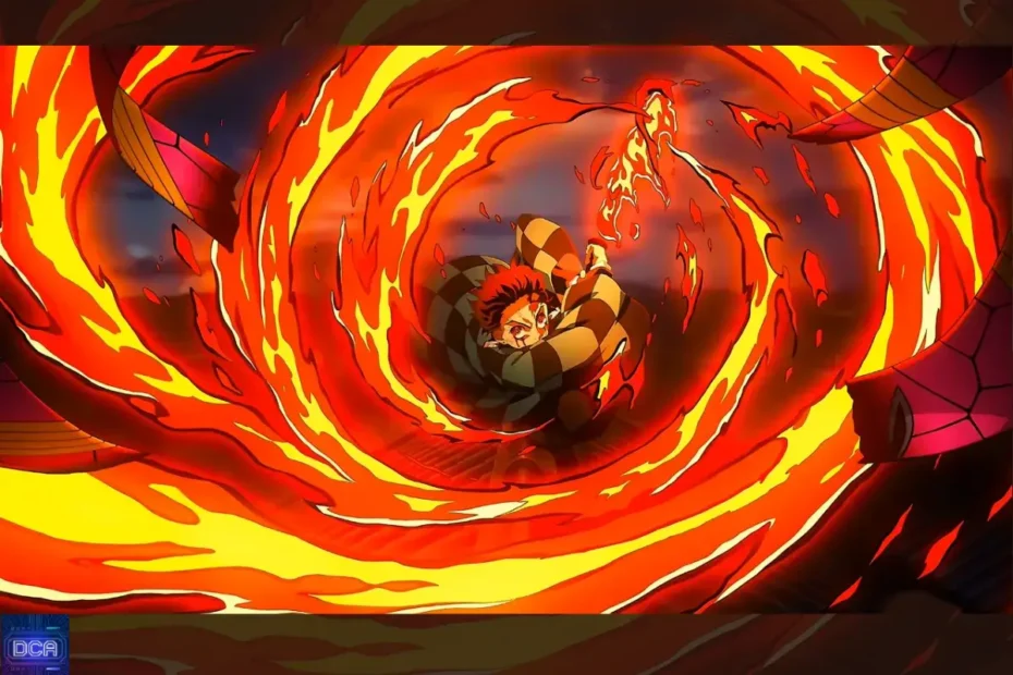 Tanjiro Kamado executando a Hinokami Kagura, a dança secreta que revela a verdadeira origem da Respiração do Sol, a técnica de Yoriichi Tsugikuni.