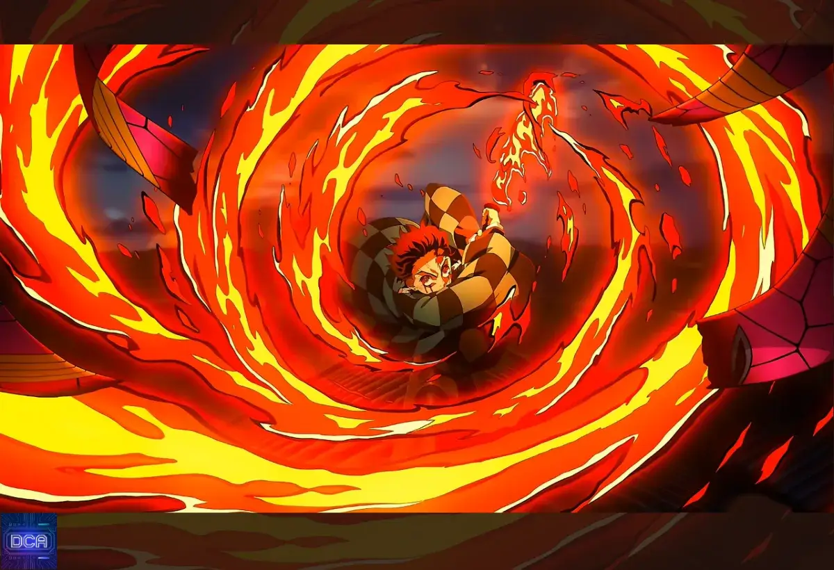 Tanjiro Kamado executando a Hinokami Kagura, a dança secreta que revela a verdadeira origem da Respiração do Sol, a técnica de Yoriichi Tsugikuni.