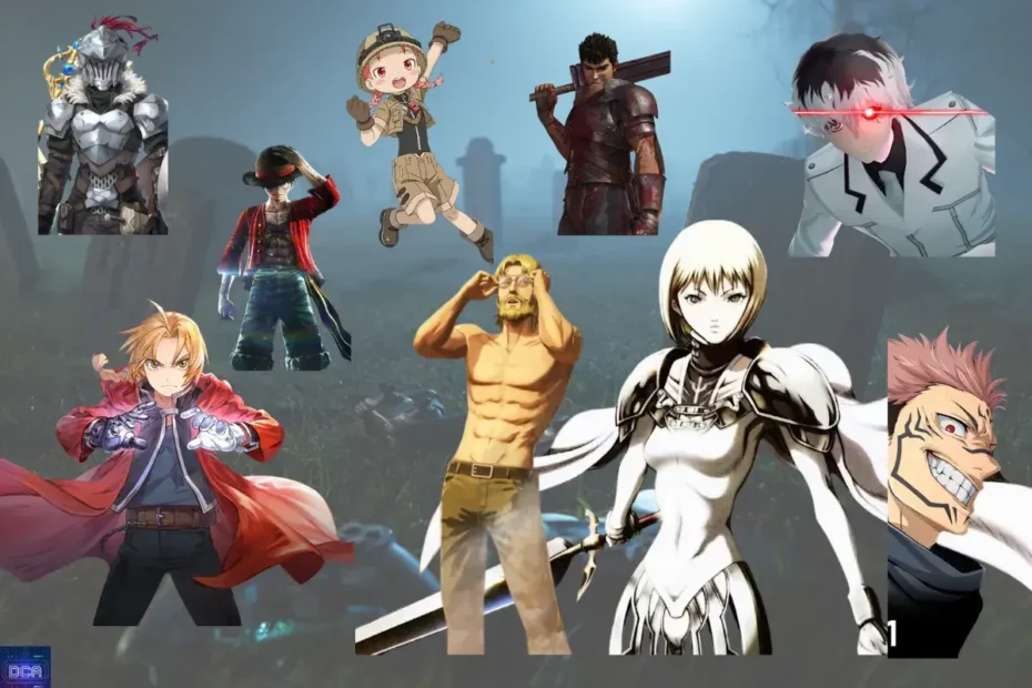 Montagem com personagens de animes famosos como Berserk e Jujutsu Kaisen, representando a variedade de franquias afetadas pelos piores jogos de animes e suas adaptações problemáticas.