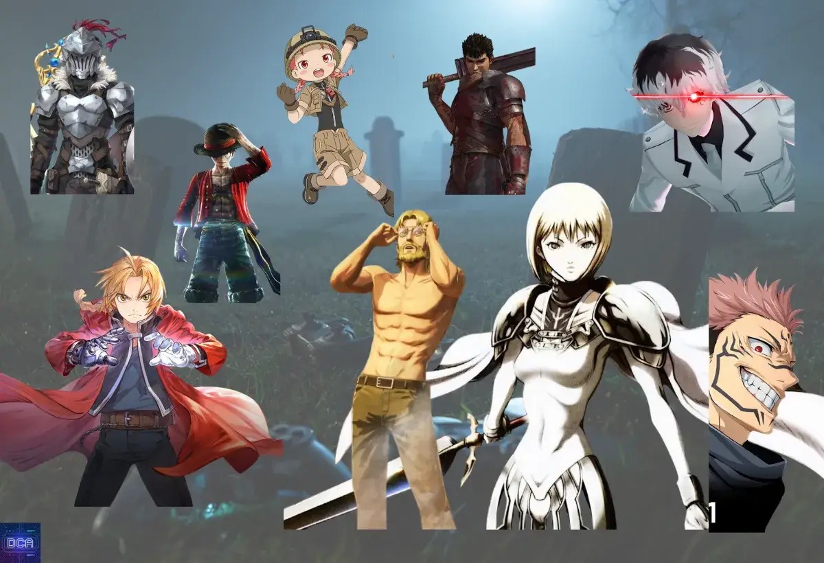 Montagem com personagens de animes famosos como Berserk e Jujutsu Kaisen, representando a variedade de franquias afetadas pelos piores jogos de animes e suas adaptações problemáticas.