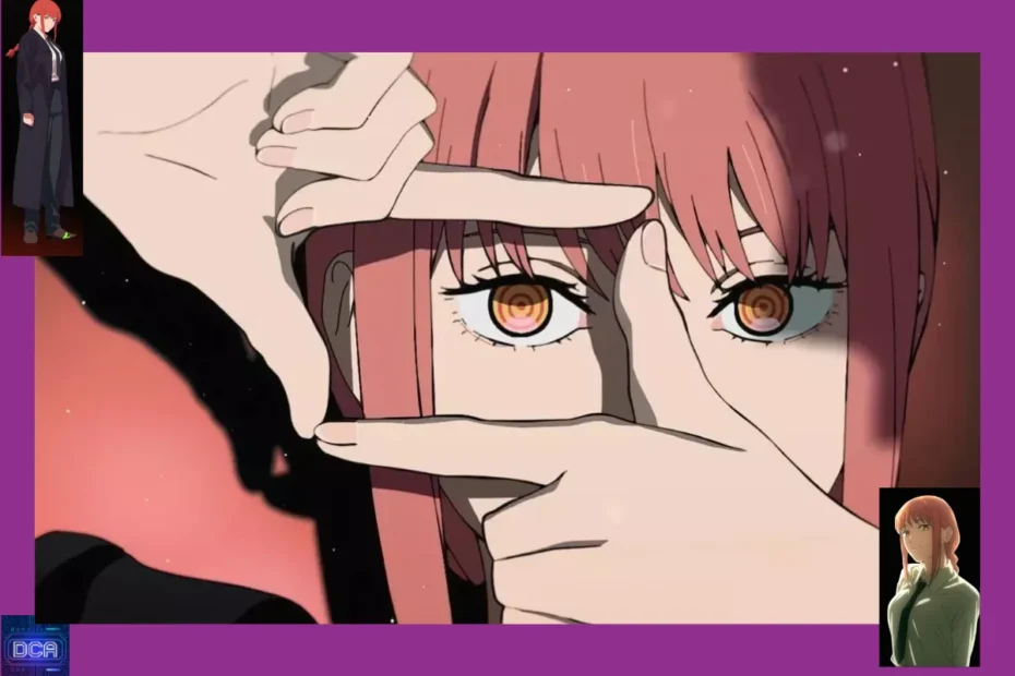 Montagem com Makima em poses icônicas, incluindo o gesto 'bang', ilustrando a análise do **plano de Makima**, a manipulação do Demônio do Controle em Chainsaw Man.