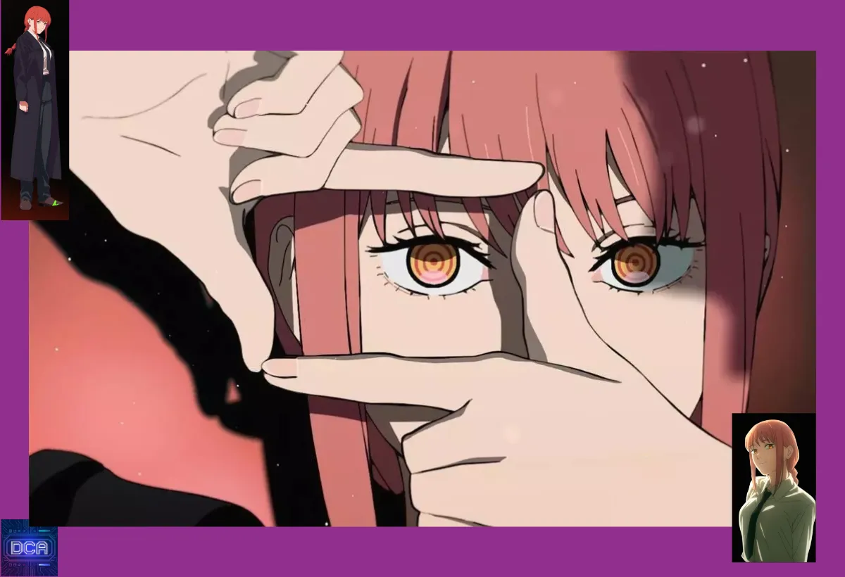 Montagem com Makima em poses icônicas, incluindo o gesto 'bang', ilustrando a análise do **plano de Makima**, a manipulação do Demônio do Controle em Chainsaw Man.