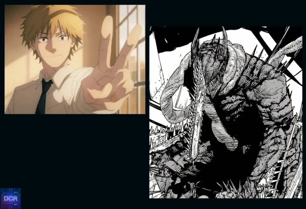 Montagem contrastando Denji humano com a forma primordial de Pochita (Herói do Inferno), ilustrando o núcleo do **plano de Makima**: quebrar Denji psicologicamente para libertar o verdadeiro Chainsaw Man.