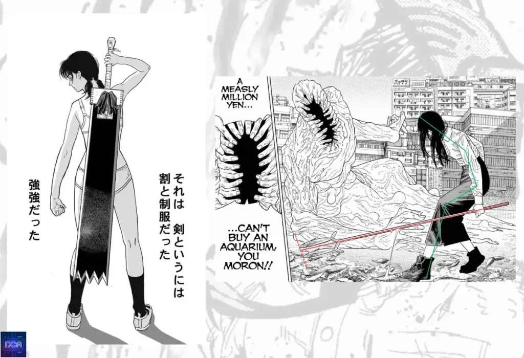 Montagem com painéis do mangá mostrando os poderes de **Yoru Demônio da Guerra**, transformando um uniforme (arma fraca) e o aquário (arma forte), ilustrando como a culpa e o valor sentimental amplificam suas armas.