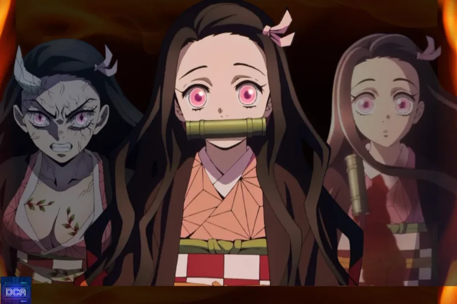 Montagem com as diferentes formas de Nezuko Kamado, ilustrando a análise sobre como ela se tornou a única oni que conquistou o sol em Demon Slayer, graças à sua linhagem e força de vontade.