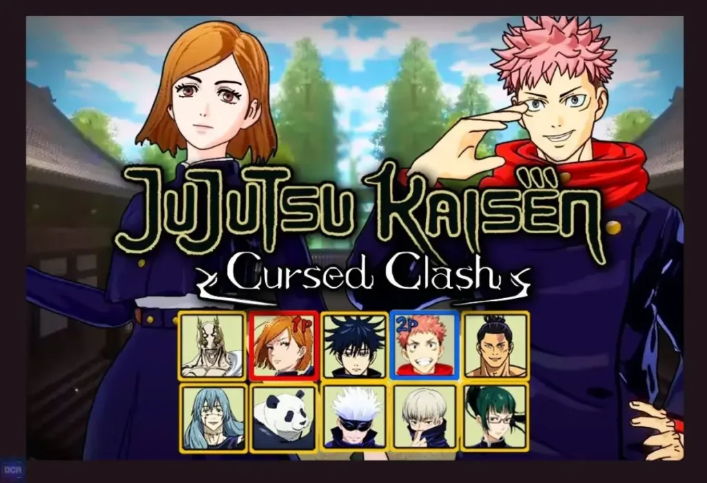 A tela de seleção de Jujutsu Kaisen Cursed Clash, um dos piores jogos de animes recentes por sua jogabilidade superficial de arena fighter que falha em capturar a profundidade estratégica da obra original.