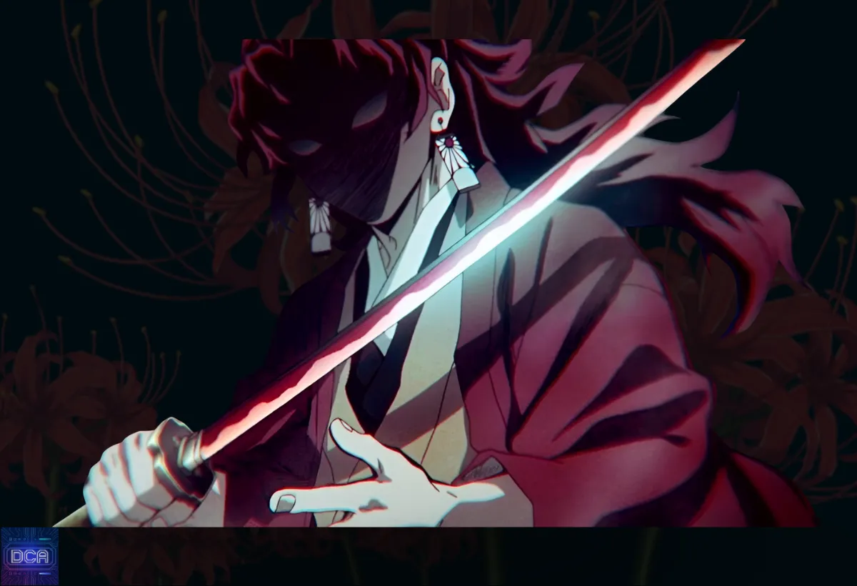 Yoriichi Tsugikuni empunhando sua lâmina Nichirin vermelha, ilustrando a verdade chocante sobre quem foi o caçador mais forte antes de Yoriichi, o criador das técnicas de respiração.