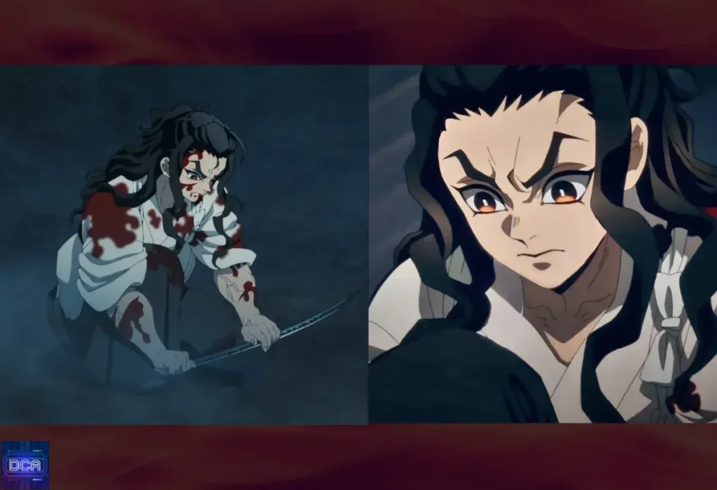 Montagem com o rosto revelado de Hotaru Haganezuka, ilustrando o detalhe oculto do contraste entre sua aparência bonita e sua personalidade obsessiva, um recurso narrativo genial em Demon Slayer.