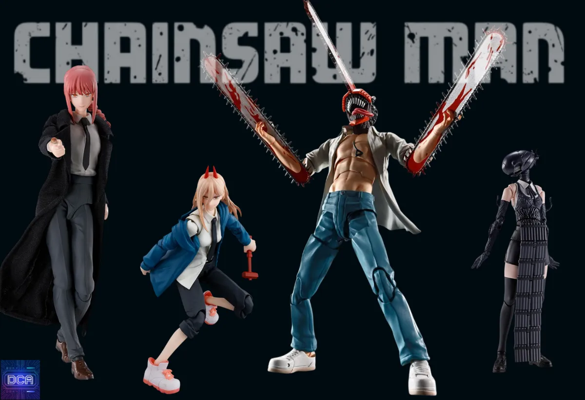 Montagem com as action figures S.H.Figuarts de Chainsaw Man, Power e Makima, ilustrando o **review Action Figure S.H.Figuarts** da linha da Bandai.