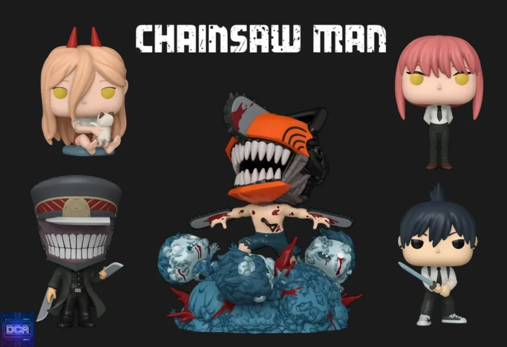Montagem com os melhores Funko Pops de Chainsaw Man, incluindo Denji, Power e Makima, ilustrando o review que analisa o top 10 da coleção.