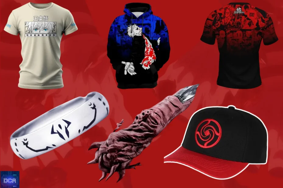 Montagem com as melhores roupas e acessórios de Jujutsu Kaisen, incluindo camisetas, moletons e joias, ilustrando o guia de estilo definitivo para fãs da série.