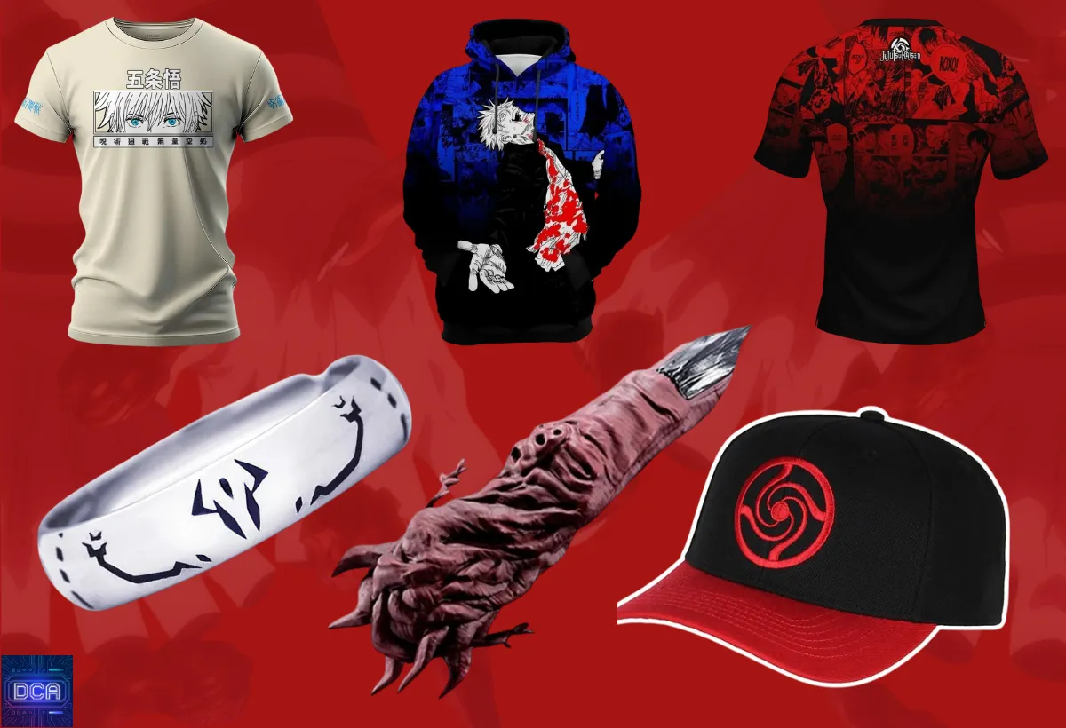 Montagem com as melhores roupas e acessórios de Jujutsu Kaisen, incluindo camisetas, moletons e joias, ilustrando o guia de estilo definitivo para fãs da série.