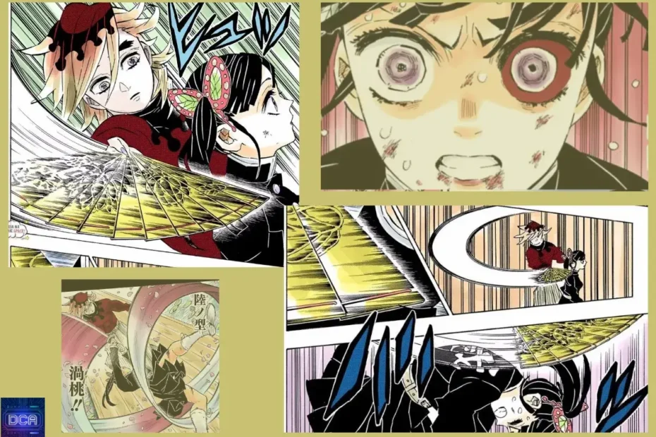 Montagem de painéis do mangá da luta de Kanao Tsuyuri contra Doma, ilustrando o poder do olho de Kanao ao usar a Forma Final: Olho Equinocial Vermillion e seu custo devastador.