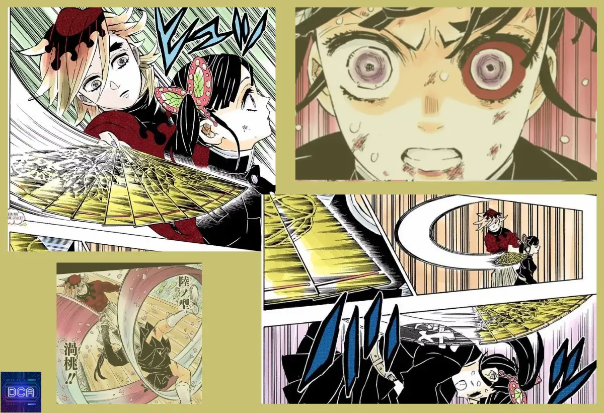 Montagem de painéis do mangá da luta de Kanao Tsuyuri contra Doma, ilustrando o poder do olho de Kanao ao usar a Forma Final: Olho Equinocial Vermillion e seu custo devastador.