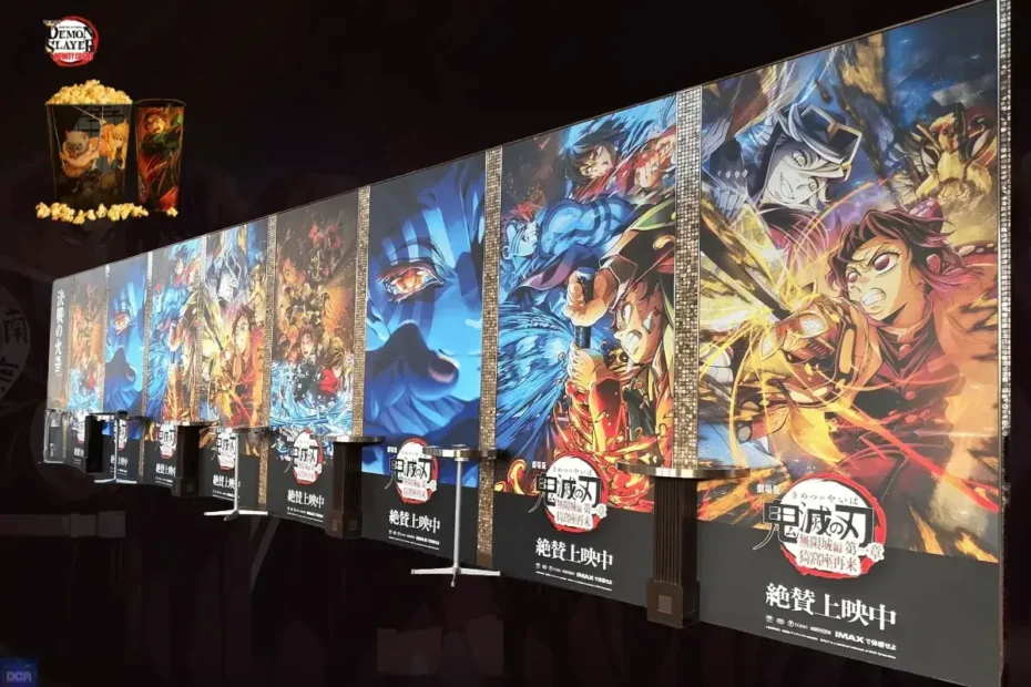 Foto de um banner promocional em um cinema para os filmes da Saga Final de Demon Slayer, ilustrando a análise sobre a divisão do Arco do Castelo Infinito e da Contagem Regressiva para o Amanhecer em uma trilogia.