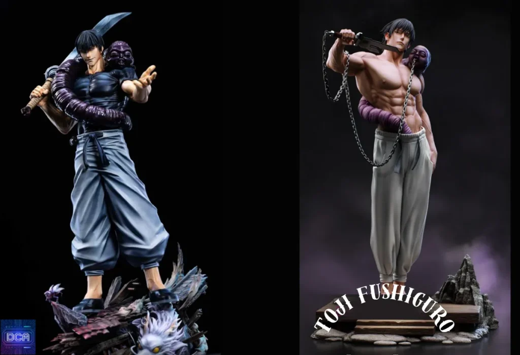 Guia de Colecionáveis Toji Fushiguro: As Melhores Action Figures e Estátuas 5 Montagem com estátuas de resina de Toji Fushiguro, o ápice do guia de colecionáveis, que representam uma obra de arte definitiva e o maior investimento para fãs de Jujutsu Kaisen.