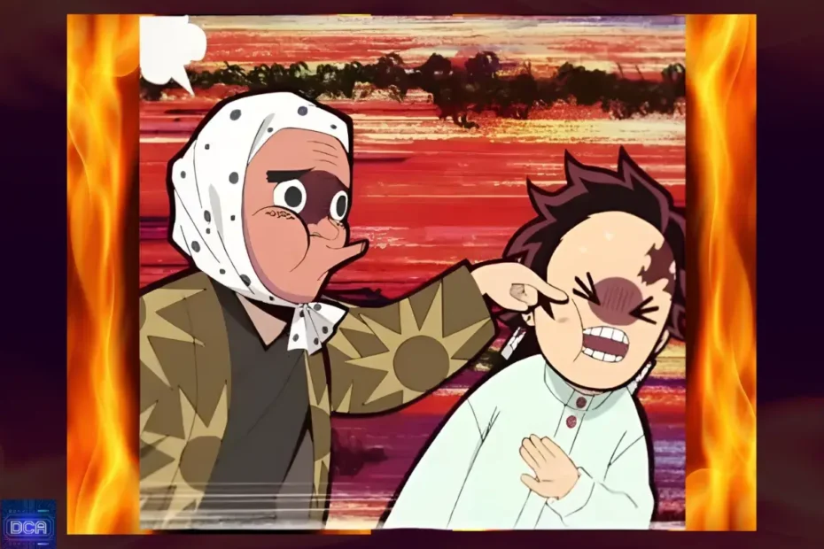 Cena cômica de Hotaru Haganezuka com sua máscara de Hyottoko, ilustrando o mistério e a tradição por trás do rosto do famoso ferreiro de Demon Slayer.