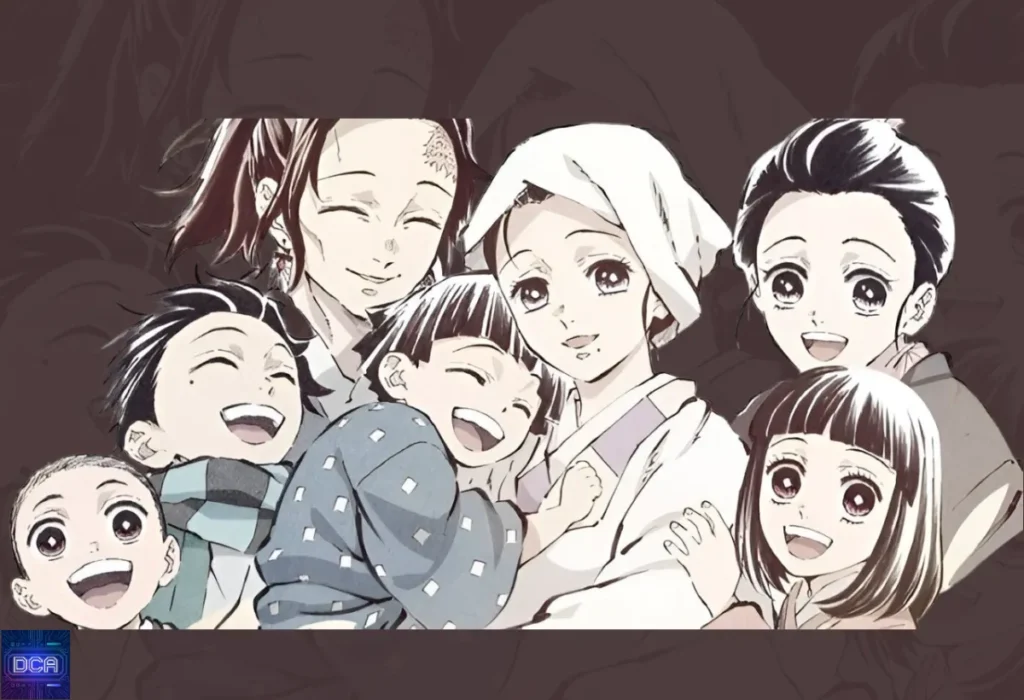 Retrato sorridente da família Kamado, incluindo Tanjiro e Nezuko, ilustrando o detalhe oculto do sangue Kamado e sua ligação com a Respiração do Sol como um fator-chave para a imunidade de Nezuko.