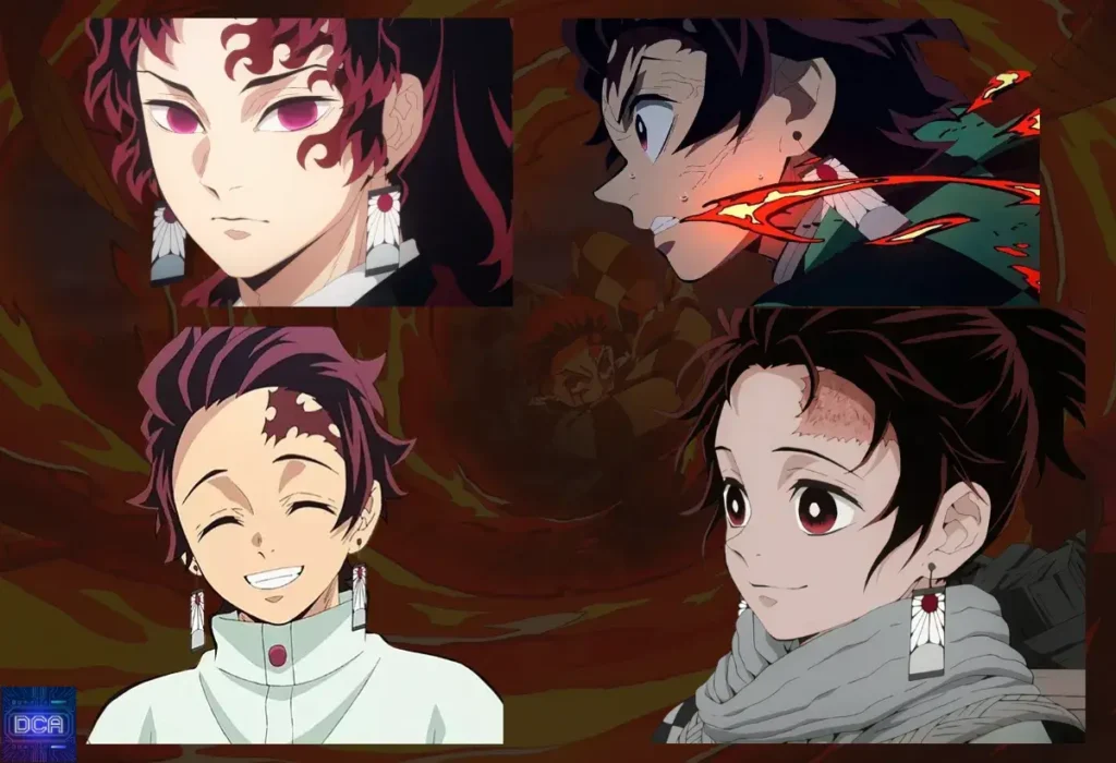 Montagem destacando os brincos Hanafuda em Tanjiro e seu ancestral, Sumiyoshi, que funcionam como o selo visual do legado da Respiração do Sol deixado por Yoriichi Tsugikuni.