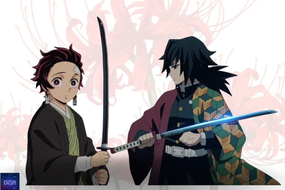 Tanjiro com sua lâmina Nichirin preta ao lado de Giyu Tomioka com sua lâmina azul, ilustrando o mistério sobre o significado da cor da Lâmina Nichirin em Demon Slayer.