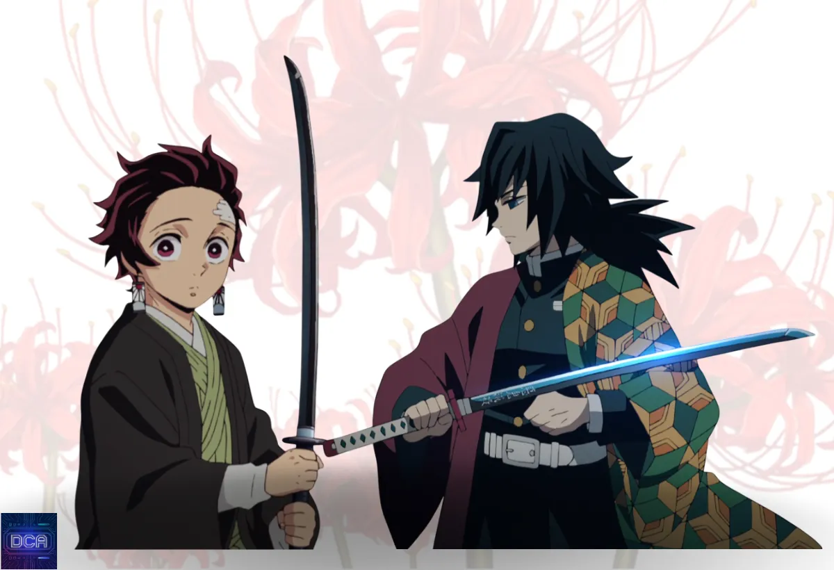 Tanjiro com sua lâmina Nichirin preta ao lado de Giyu Tomioka com sua lâmina azul, ilustrando o mistério sobre o significado da cor da Lâmina Nichirin em Demon Slayer.