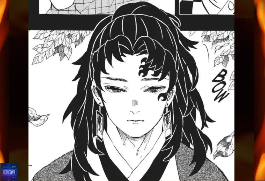 Sumiyoshi Kamado: O Guardião do Legado de Yoriichi Texto Alternativo (Alt Text): Painel do mangá de Sumiyoshi, ancestral de Tanjiro, usando os Brincos Hanafuda após herdar o legado da Respiração do Sol de seu amigo Yoriichi Tsugikuni.