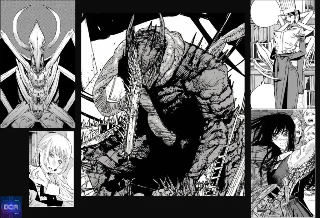 Montagem de painéis do mangá de Chainsaw Man com demônios poderosos como o Demônio da Escuridão, ilustrando a análise dos temas filosóficos sobre sonhos, ignorância e exploração que vivem sob a carnificina da obra.
