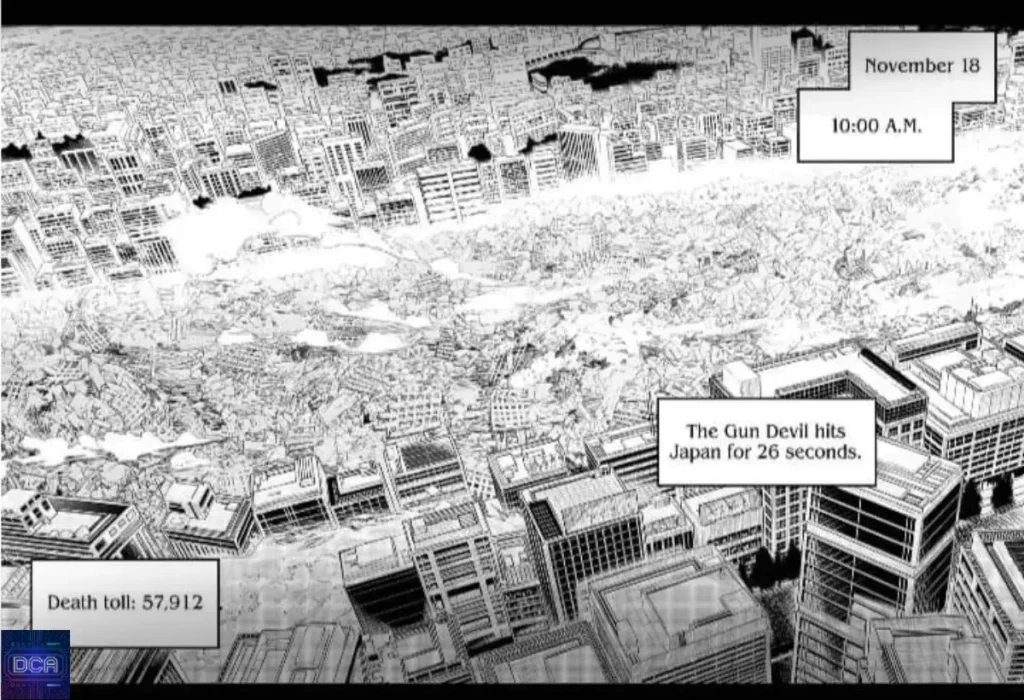 Painel do mangá mostrando a destruição causada pelo ataque do Demônio da Arma no Japão, com estatísticas de mortes e tempo, ilustrando o horror impessoal e a velocidade do massacre.