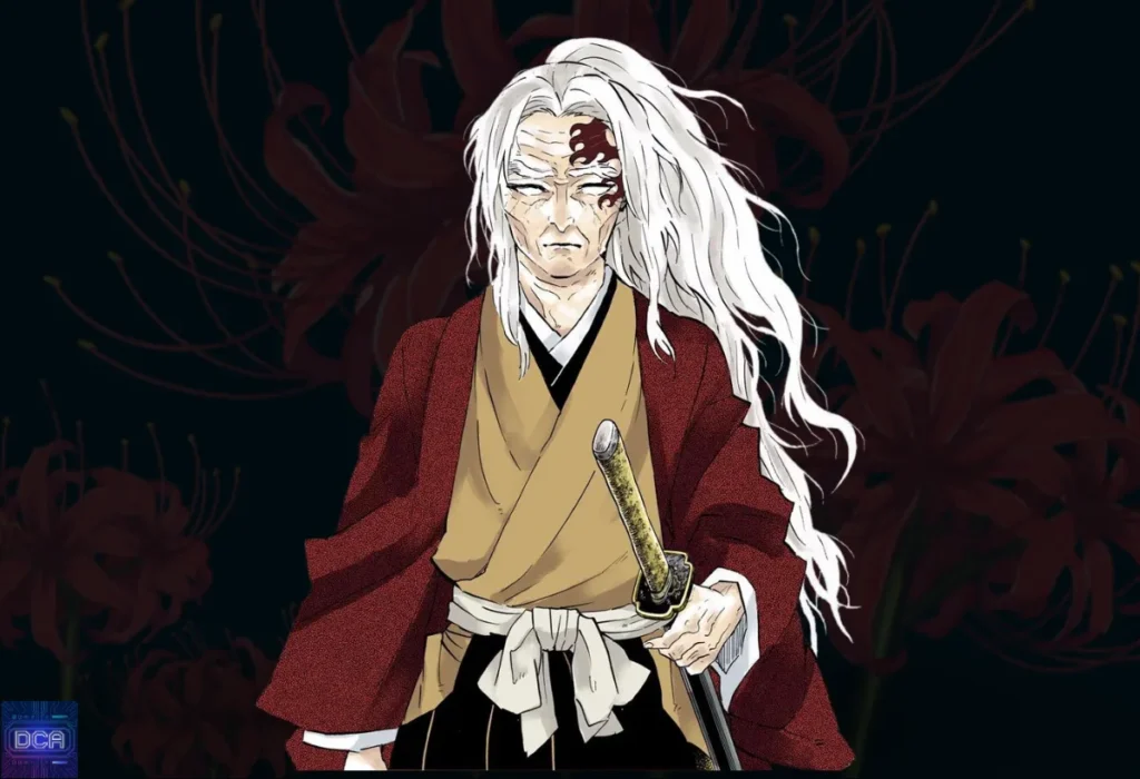 Imagem de Yoriichi Tsugikuni em sua velhice, o lendário caçador que deu início à era de ouro ao criar as técnicas de respiração e treinar os primeiros Hashiras, tornando-se o ponto de origem do poder.