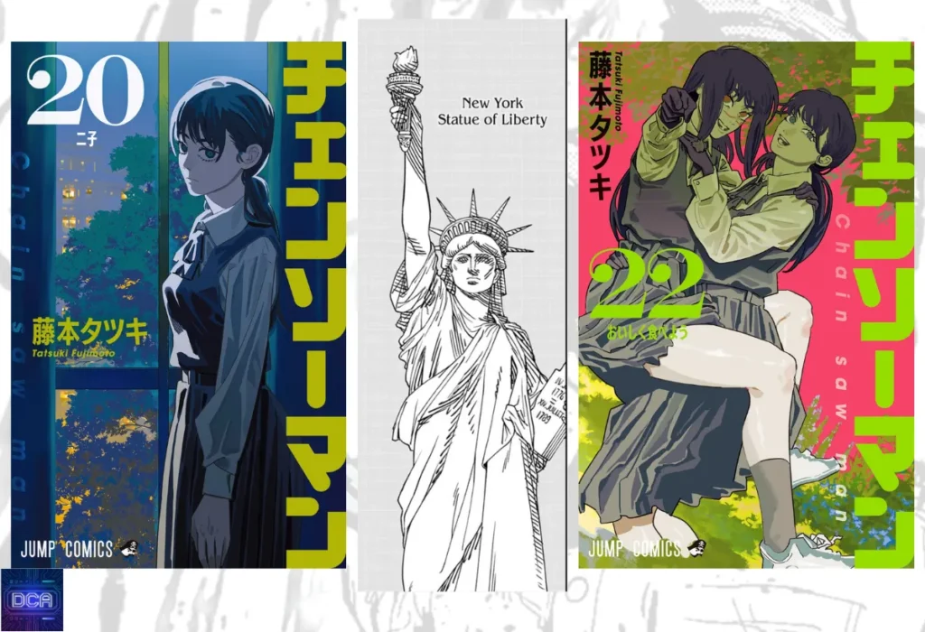 Montagem com capas do mangá de Yoru/Asa Mitaka e a Estátua da Liberdade, ilustrando a origem do **Demônio da Estátua da Liberdade Chainsaw Man** no capítulo 178, como parte do plano de Yoru.