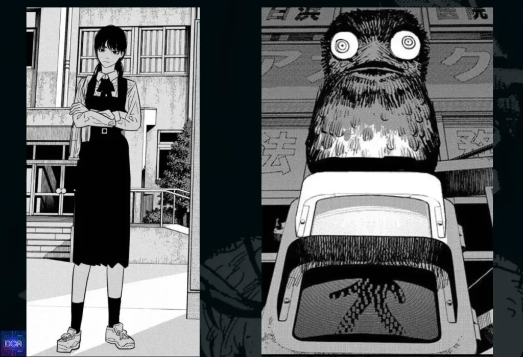 Montagem com Asa Mitaka em frente à escola e Yoru Demônio da Guerra em sua forma de coruja, ilustrando por que Yoru precisa de uma colegial tímida para sobreviver em Chainsaw Man.