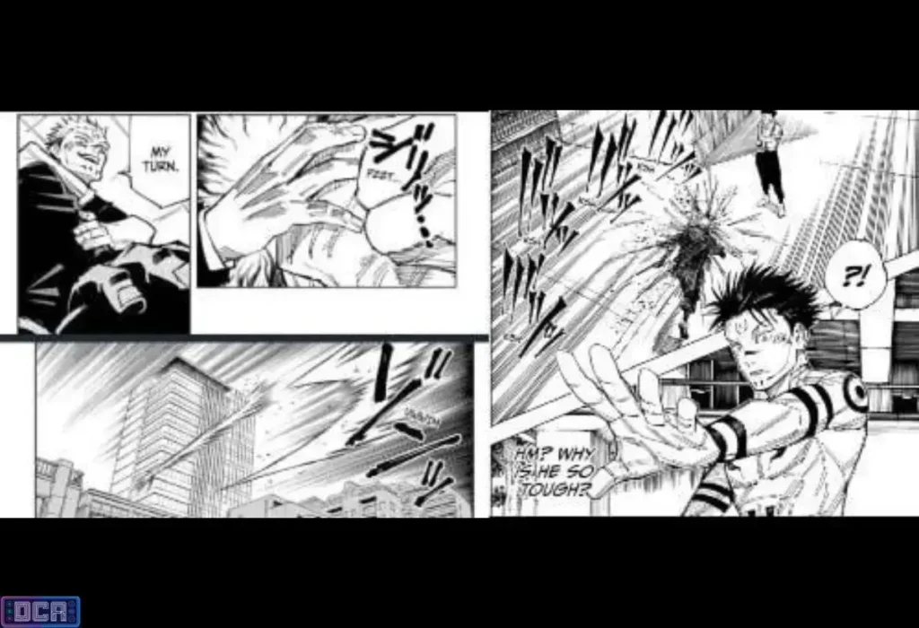 Santuário Malevolente: A Expansão de Domínio de Sukuna Explicada (Mangá) 3 Painéis do mangá ilustrando a mecânica do **Santuário Malevolente**, a Expansão de Domínio de Sukuna, e seus dois tipos de cortes: Cleave (para alvos com energia amaldiçoada) e Dismantle (para objetos).