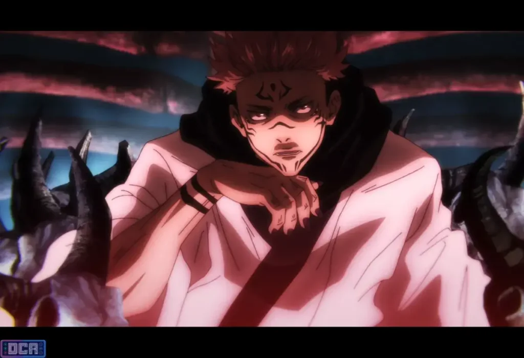 Antagonistas e o Rei das Maldições: A Arquitetura da Malevolência 2 Ryomen Sukuna sentado em seu trono de crânios dentro da expansão de domínio Santuário Malevolente, representando o Rei das Maldições.