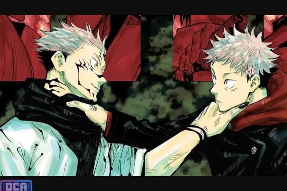 Expansão de Domínio do Itadori Explicada: O que é o Santuário? 9 Painel do mangá com Sukuna e Yuji Itadori, ilustrando a análise sobre a Expansão de Domínio do Itadori (Santuário) e sua origem herdada do Rei das Maldições.