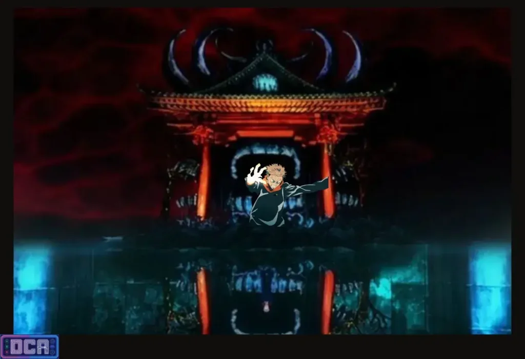 Expansão de Domínio do Itadori Explicada: O que é o Santuário? 2 Montagem de Yuji Itadori sobreposto ao Santuário Malevolente, ilustrando a análise sobre a Expansão de Domínio do Itadori e como ele herdou o Fukuma Mizushi de Sukuna.