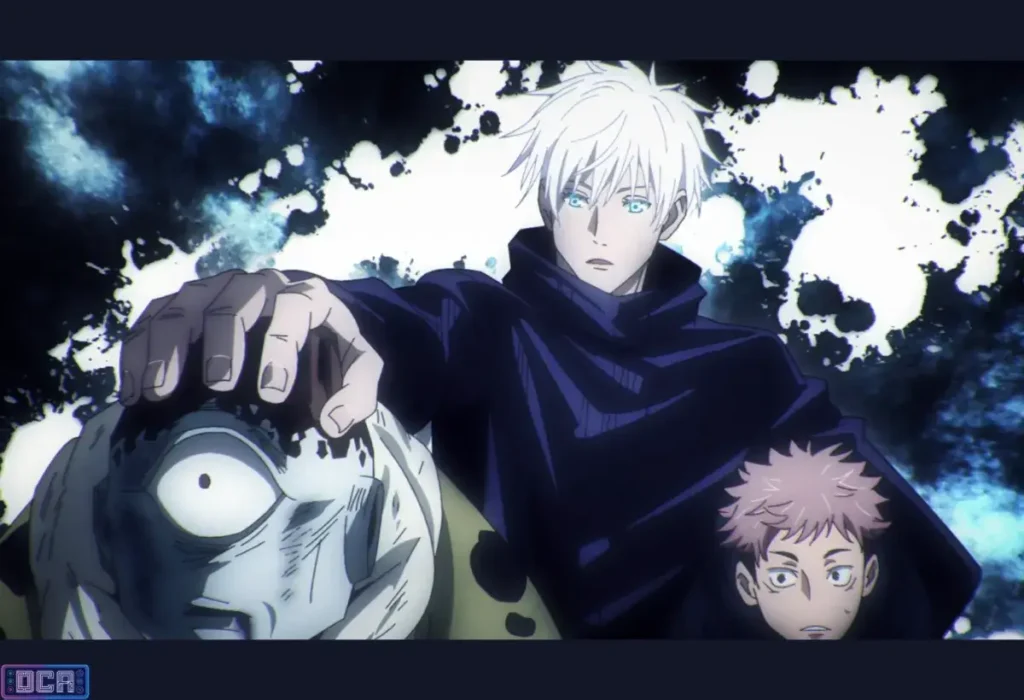 Análise: A Luta de Gojo vs Jogo Foi a Melhor Apresentação de uma Expansão de Domínio? 2 Cena de Gojo segurando Jogo enquanto explica a luta para Yuji Itadori, ilustrando a análise de que a luta Gojo vs Jogo não foi um combate, mas um tutorial perfeito sobre o nível de poder de um feiticeiro especial.