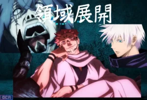 Montagem com Sukuna, Gojo Satoru e Mahito, e o kanji de 'Ryoiki Tenkai', ilustrando o guia definitivo que explica o que são as Expansões de Domínio Jujutsu Kaisen.