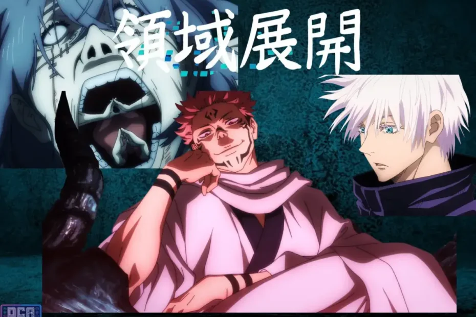 Guia Definitivo: Todas as Expansões de Domínio Jujutsu Kaisen Explicadas (Mangá e Anime) 1 Montagem com Sukuna, Gojo Satoru e Mahito, e o kanji de 'Ryoiki Tenkai', ilustrando o guia definitivo que explica o que são as Expansões de Domínio Jujutsu Kaisen.