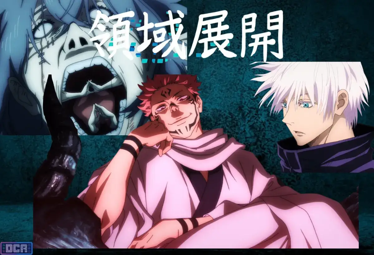 Montagem com Sukuna, Gojo Satoru e Mahito, e o kanji de 'Ryoiki Tenkai', ilustrando o guia definitivo que explica o que são as Expansões de Domínio Jujutsu Kaisen.
