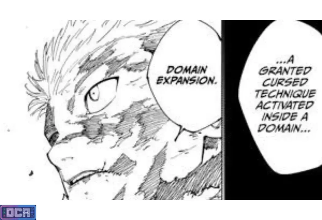 Expansão de Domínio do Itadori Explicada: O que é o Santuário? 4 Painel do mangá de Yuji Itadori declarando "Domain Expansion", ilustrando o clímax da **batalha final Itadori vs Sukuna** e o despertar da Expansão de Domínio do Itadori.