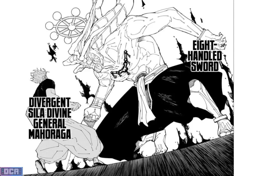 Crítica: A Luta Gojo vs Sukuna Foi a Batalha de Domínios Definitiva do Mangá? 3 Painel do mangá mostrando Mahoraga (Divergent Sila Divine General Mahoraga) sendo usado por Sukuna, ilustrando a análise da evolução tática e adaptação na Luta Gojo vs Sukuna.